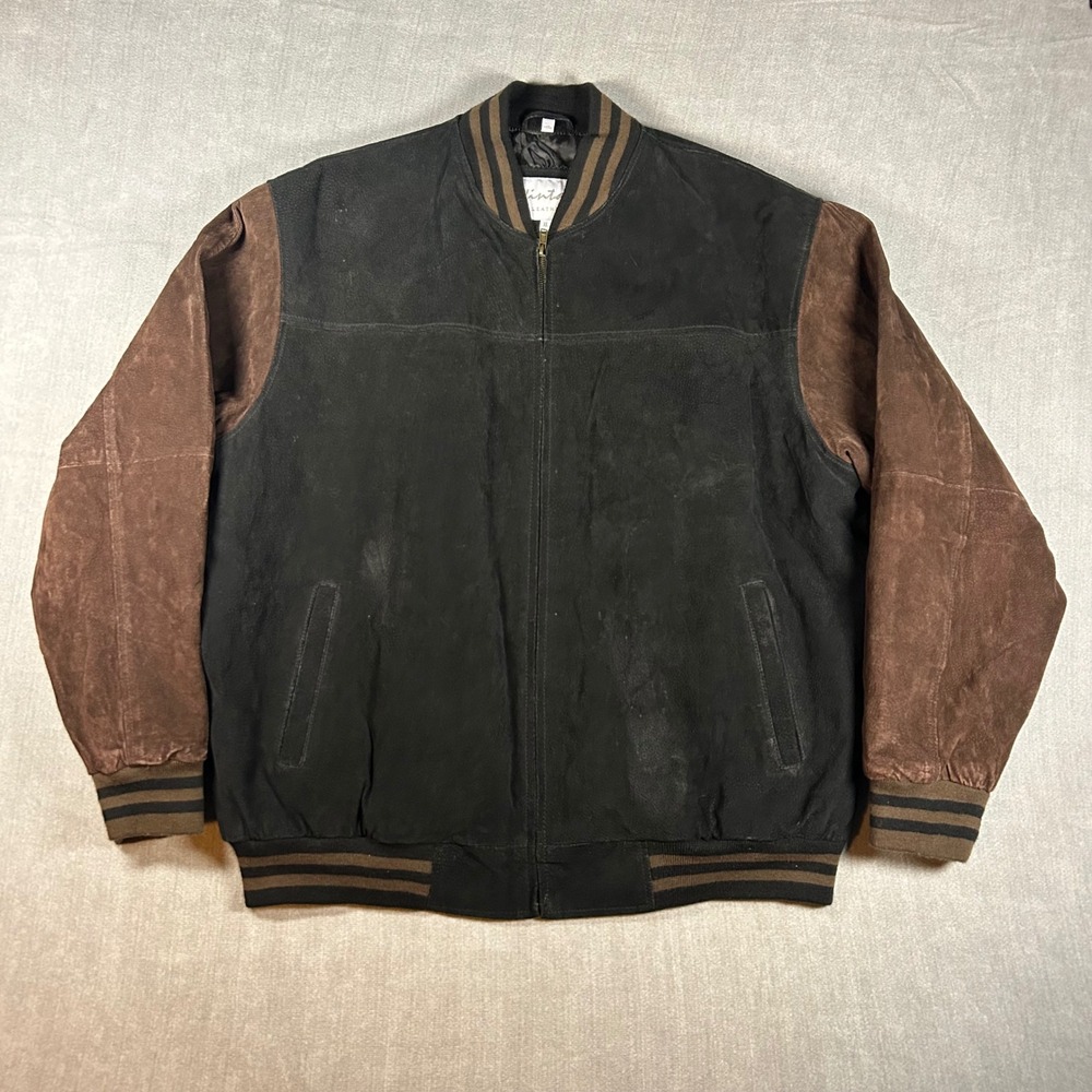 Vintage Leather Mens XL Suede Bomber Jacket Black Brown Two Tone Varsity Zip